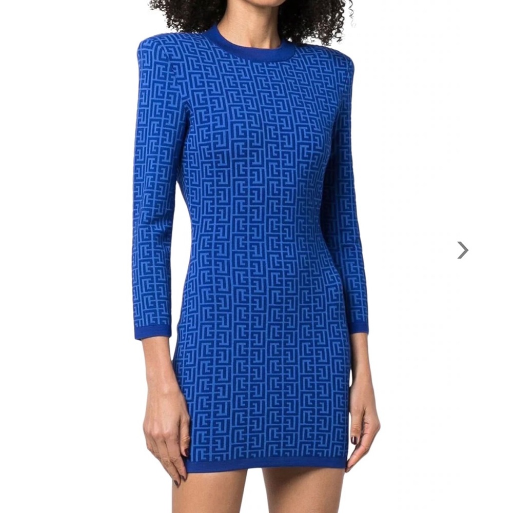 ❌SOLD❌ Balmain Balman Monogram Jacquard Long Sleeve Wool Blend Minidress - Picture 1 of 17